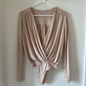 Free People Draped Long Sleeve Wrap Bodysuit in Beige